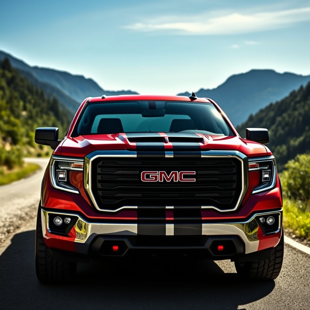 A GMC Sierra truck designed with the front styling of a Shelby Super Snake, featuring an aggressive grille, prominent hood vents, and sleek lines