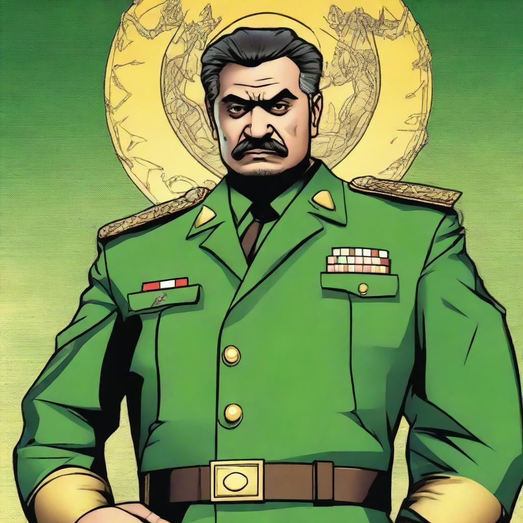 Pakistan army Chief General Asim Munir, dressed in the attire of Loki from Marvel series Loki season 2, in a comic book styled portrayal with a background reflecting the aesthetic of the series.