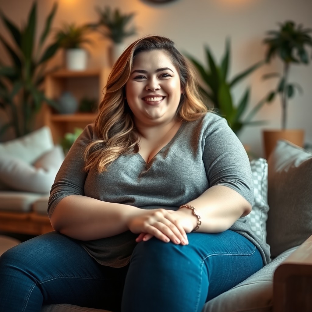A plus-size girl sitting comfortably in a relaxed position, wearing casual clothing