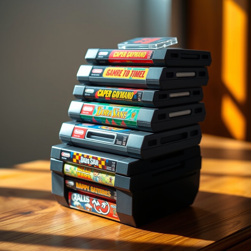 A vibrant stack of video game cartridges from a classic console, displayed in an artistic arrangement on a wooden tabletop