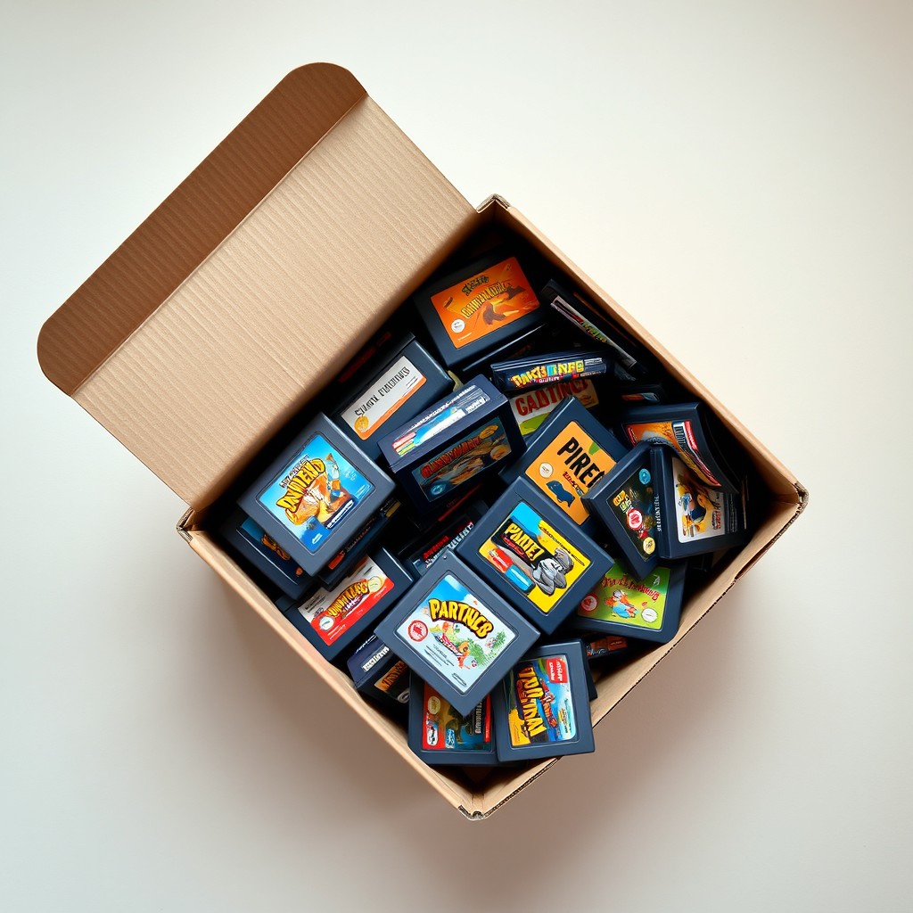 An overhead view of a full box of colorful video game cartridges, showcasing a variety of retro game titles