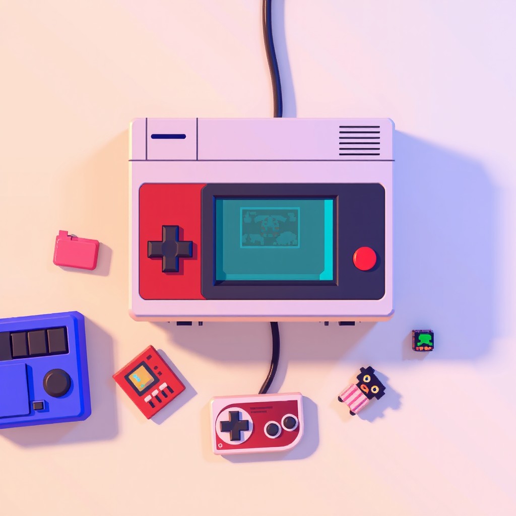 An overhead view of a retro pixel art style video game console, featuring blocky designs and vibrant colors typical of classic gaming graphics