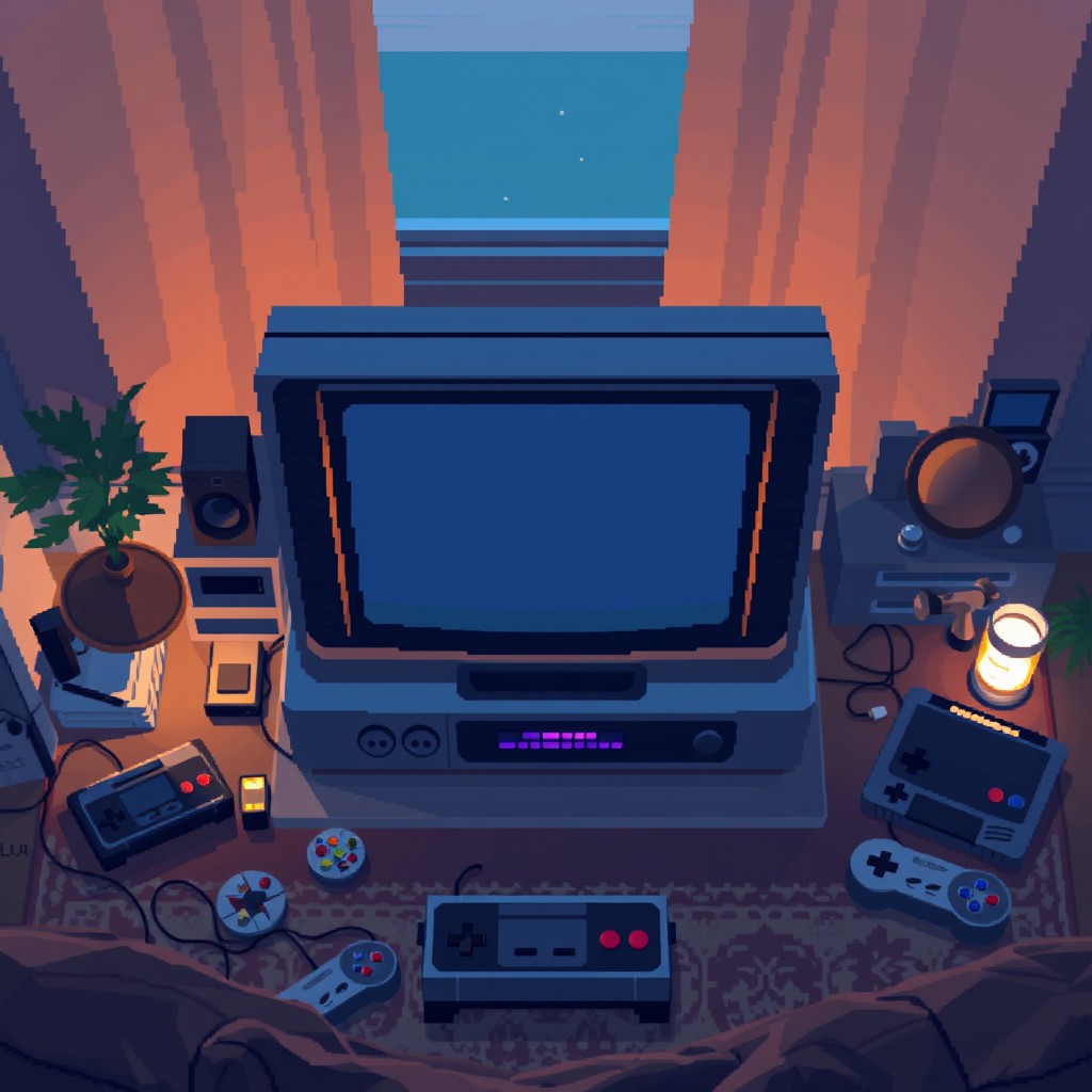 A retro pixel art style gaming console with a large screen in the center, viewed from above
