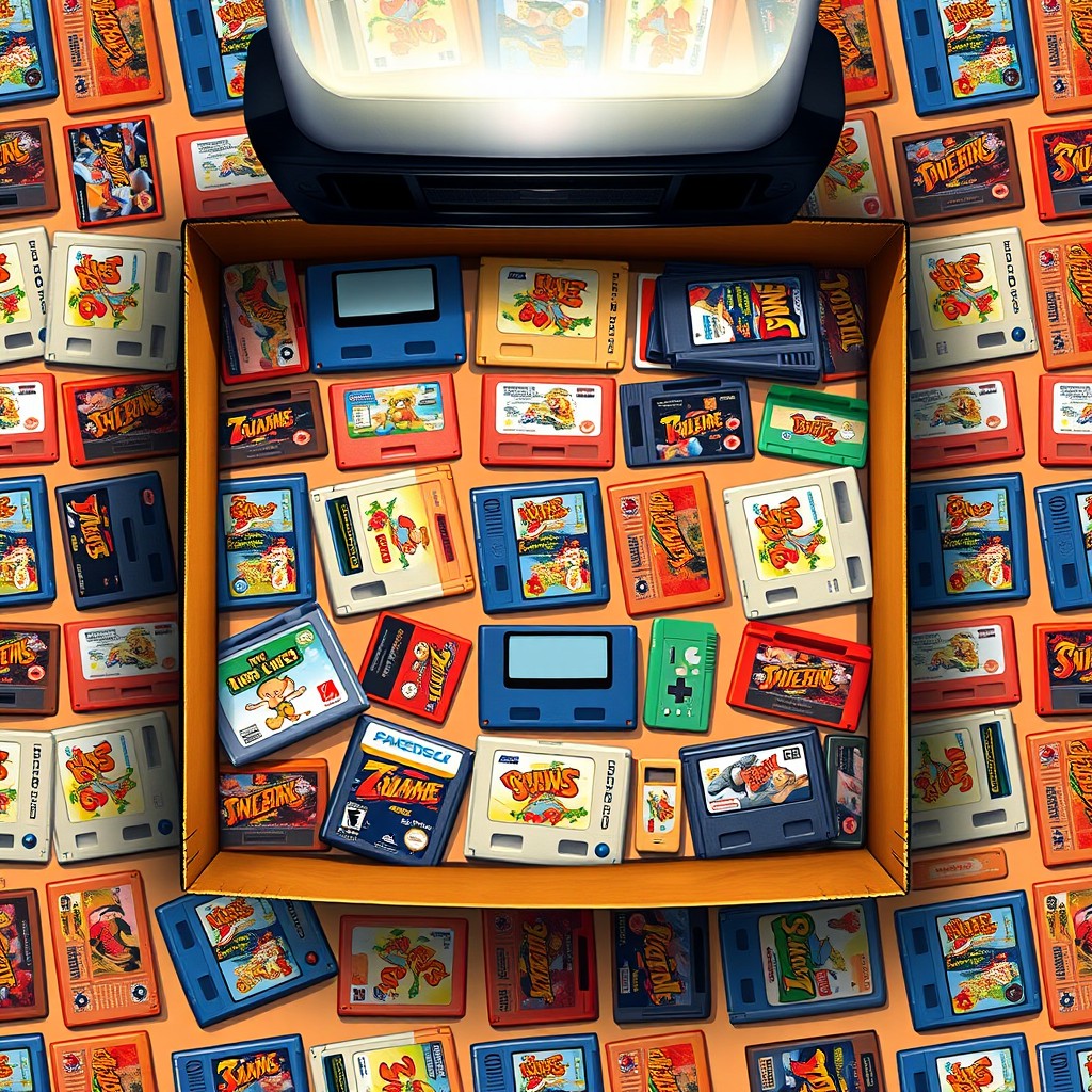 A seamless pattern featuring a box filled with game cartridges, viewed from above