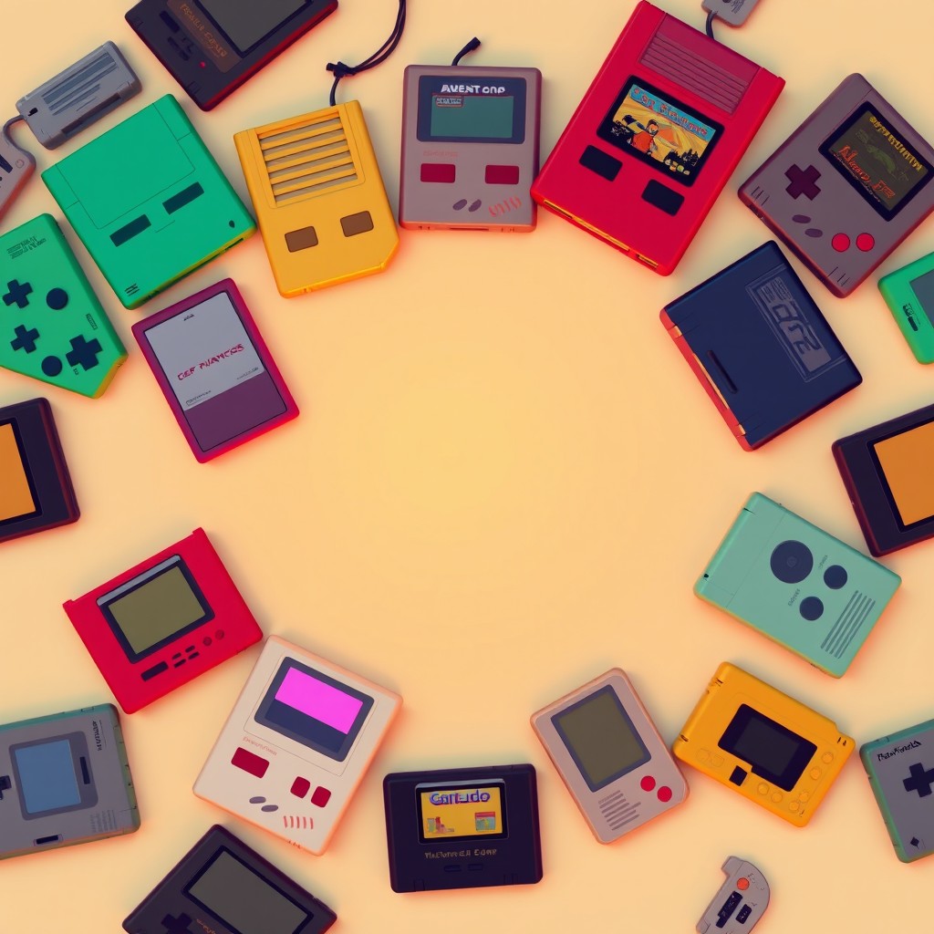 A seamless pattern showcasing an arrangement of various retro game cartridges viewed from the top