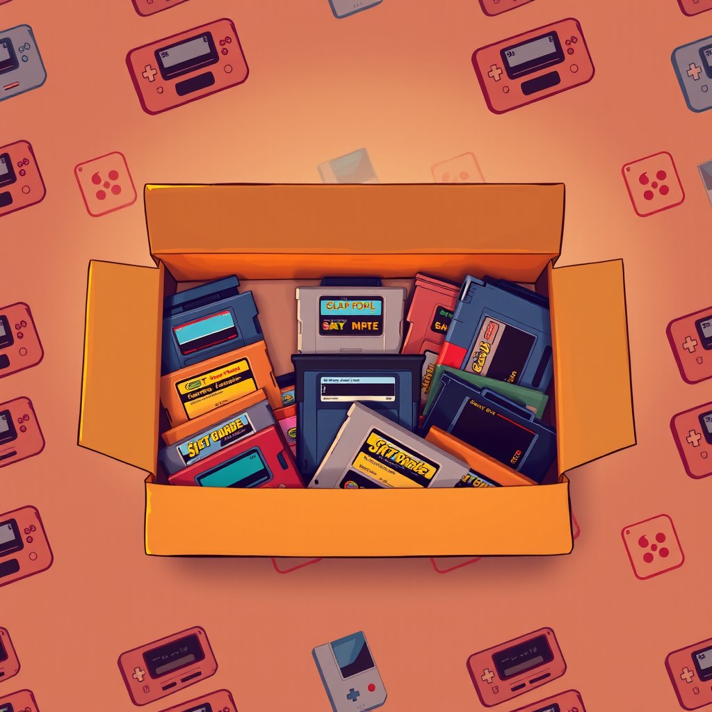 A seamless pattern depicting a full carton box filled with various retro game cartridges viewed from the top