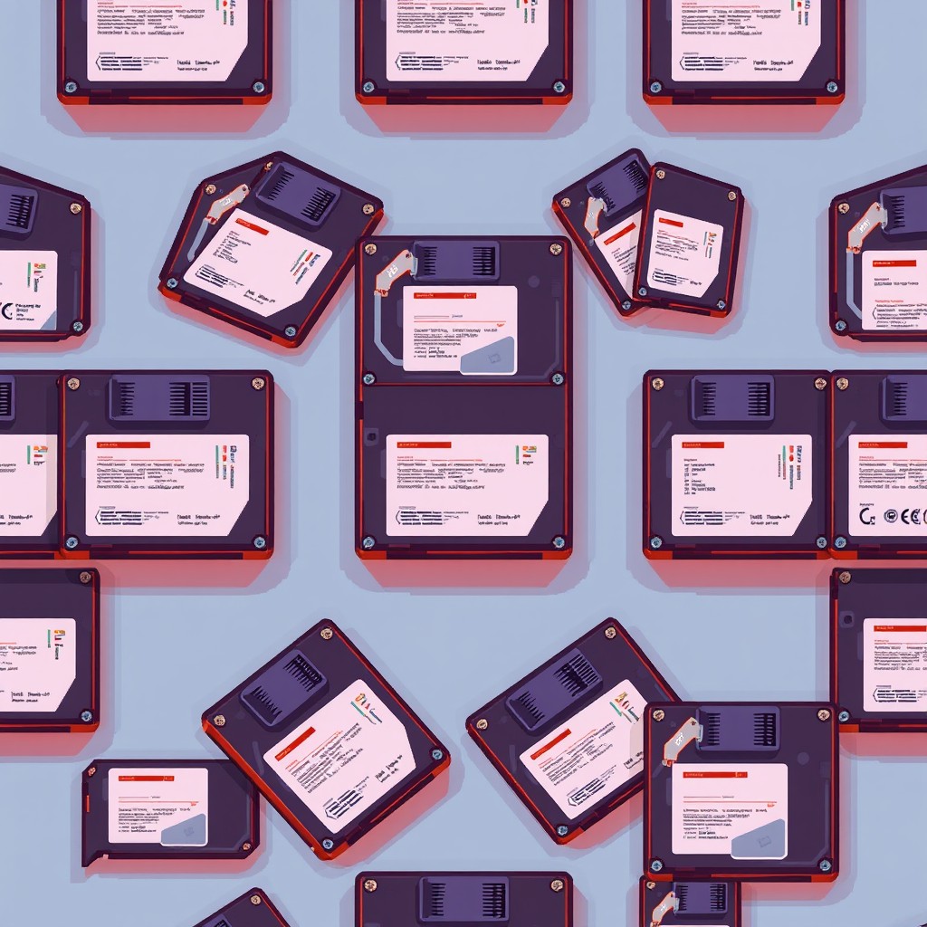 A seamless pattern featuring hard disks that are viewed from the top, with a distinct label in the center of each disk