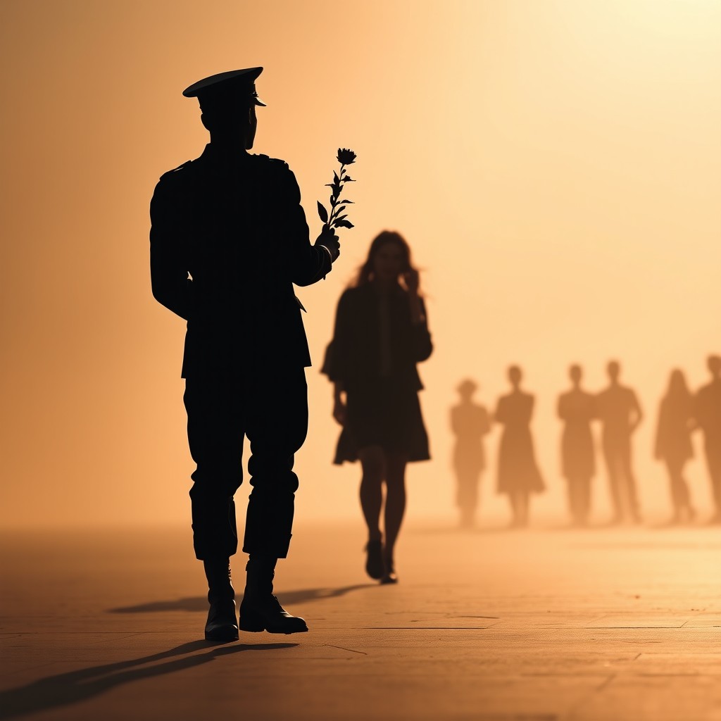 A silhouette of a man in military uniform holding a flower, walking towards a woman