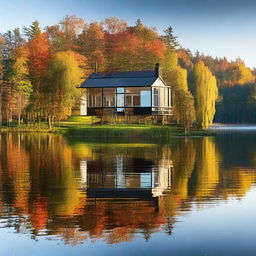 Peaceful house situated on the tranquil edge of a pristine lake, reflections dancing on the water surface.