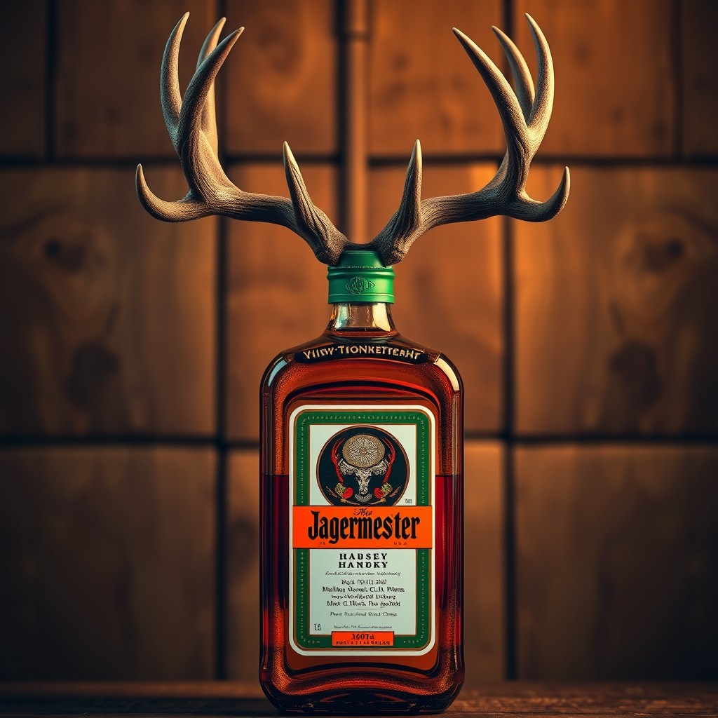 A highly detailed and realistic depiction of a Jägermeister bottle styled as Labubu, adorned with majestic deer horns sprouting from the top