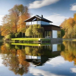 Peaceful house situated on the tranquil edge of a pristine lake, reflections dancing on the water surface.
