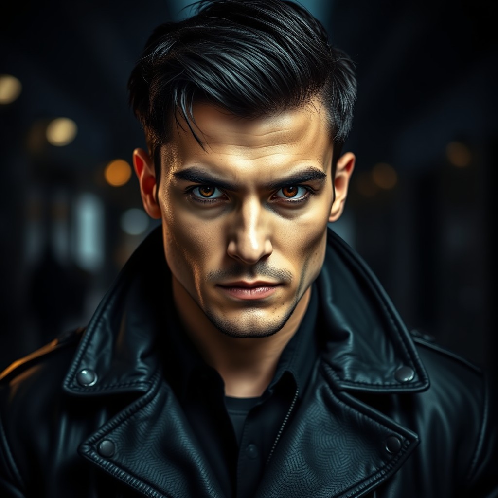 A striking portrait of a black-haired man wearing a stylish black leather coat
