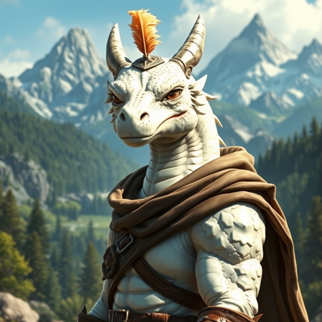 A white dragonborn character dressed in leather armor and a stylish cloak, wearing a hat adorned with a feather