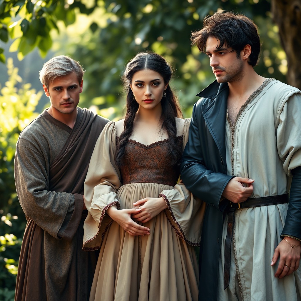 A beautiful woman stands in the center, wearing a flowing 15th-century gown that drapes elegantly around her