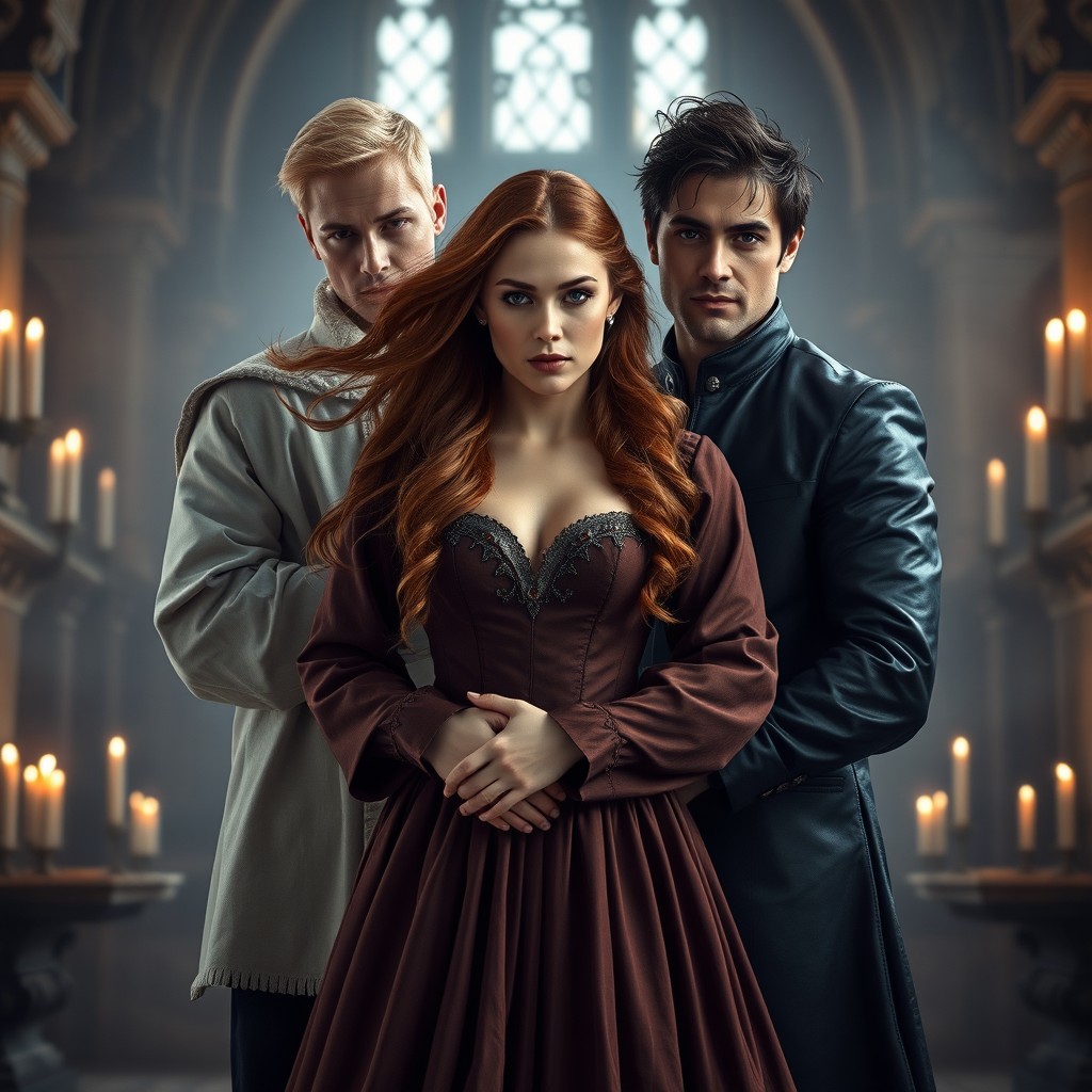 A beautiful woman with flowing auburn hair stands in the center, adorned in an elegant 15th-century gown that elegantly cascades around her