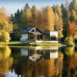 Peaceful house situated on the tranquil edge of a pristine lake, reflections dancing on the water surface.