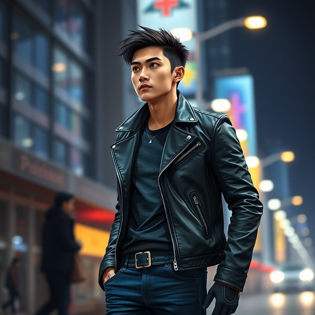A fictional character named Altair Alexander Tan, a young Asian man in a stylish modern outfit, with short, dark hair and sharp facial features