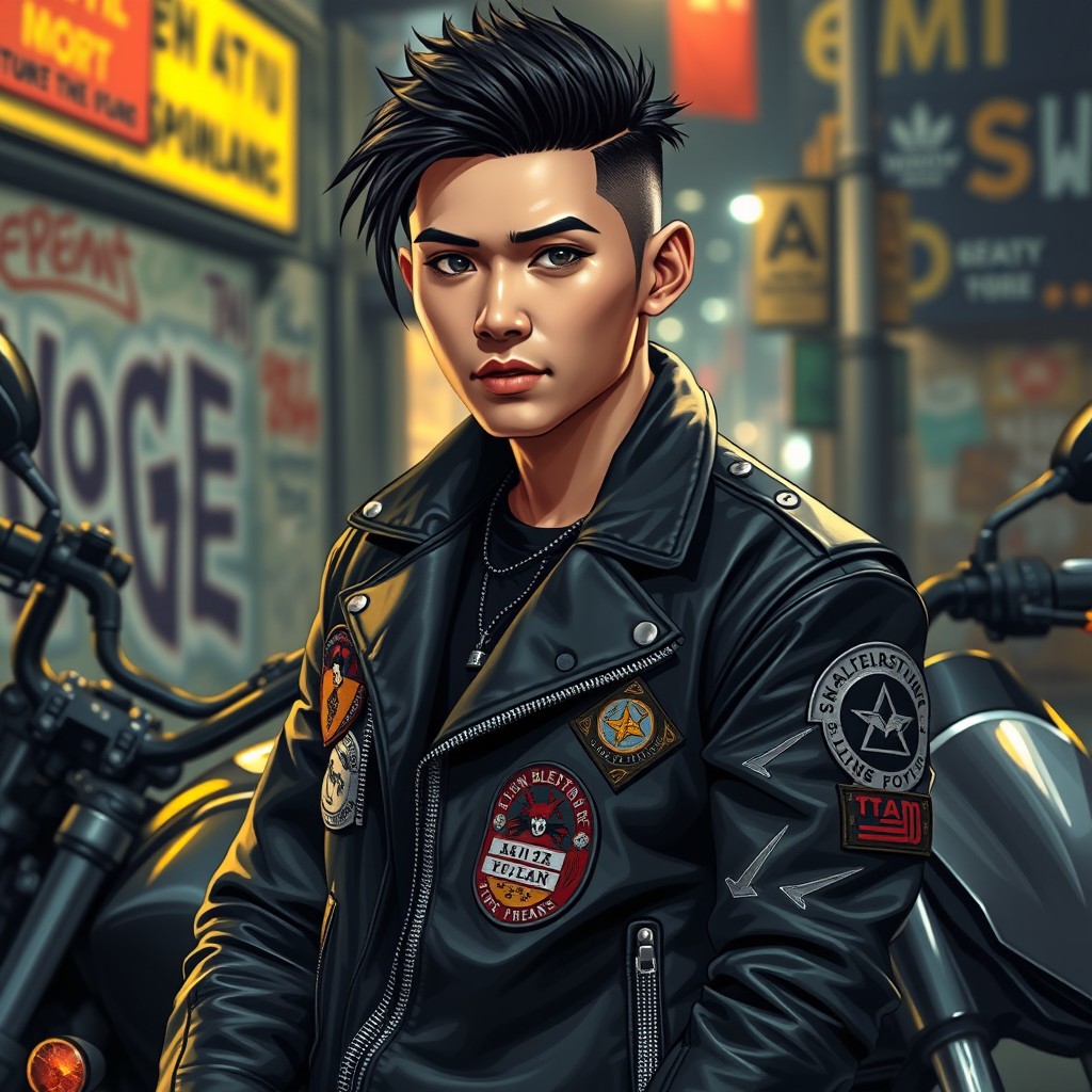 A fictional character named Altair Alexander Tan, a young Asian male motorbike gang member