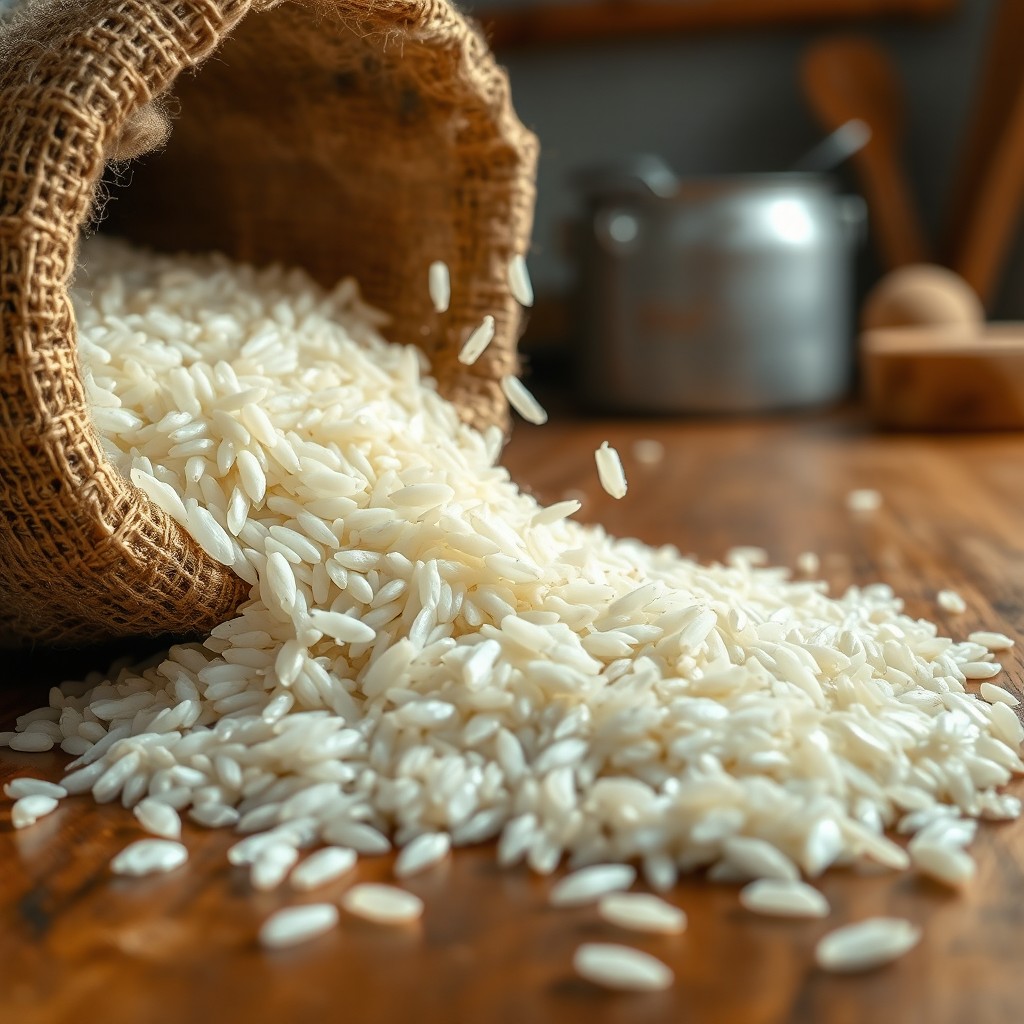 A close-up scene of uncooked rice pouring out of a burlap sack onto a wooden table, with grains scattering in all directions, some sparkling under the natural light