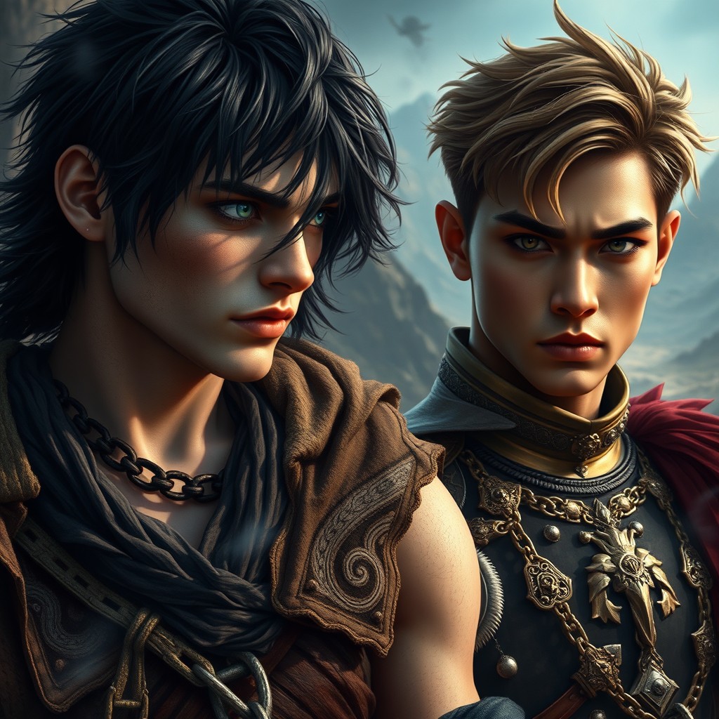 In an epic and dark romantic scene, we see Prince Alexander, a young white warrior with striking blue eyes and black hair, adorned in tattered garments that hint at his royal heritage, chained and looking fierce yet vulnerable