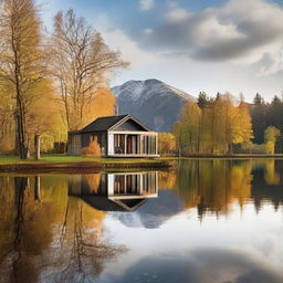 Peaceful house situated on the tranquil edge of a pristine lake, reflections dancing on the water surface.