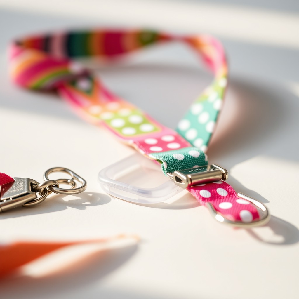 A close-up view of a colorful lanyard, showcasing vivid patterns and textures such as stripes and polka dots, set against a neutral background to emphasize its vibrant colors