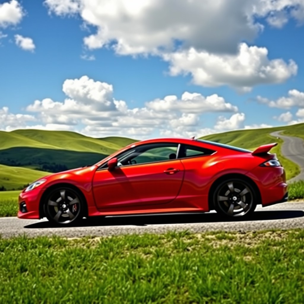 A stunning Mitsubishi Eclipse parked in a scenic landscape, showcasing its sleek curves and vibrant color