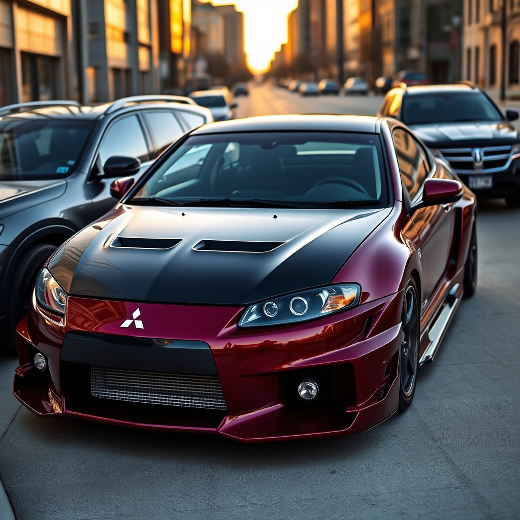 A striking Burgundy Mitsubishi Eclipse featuring a sleek black hood and an AMG body kit designed by Mensori