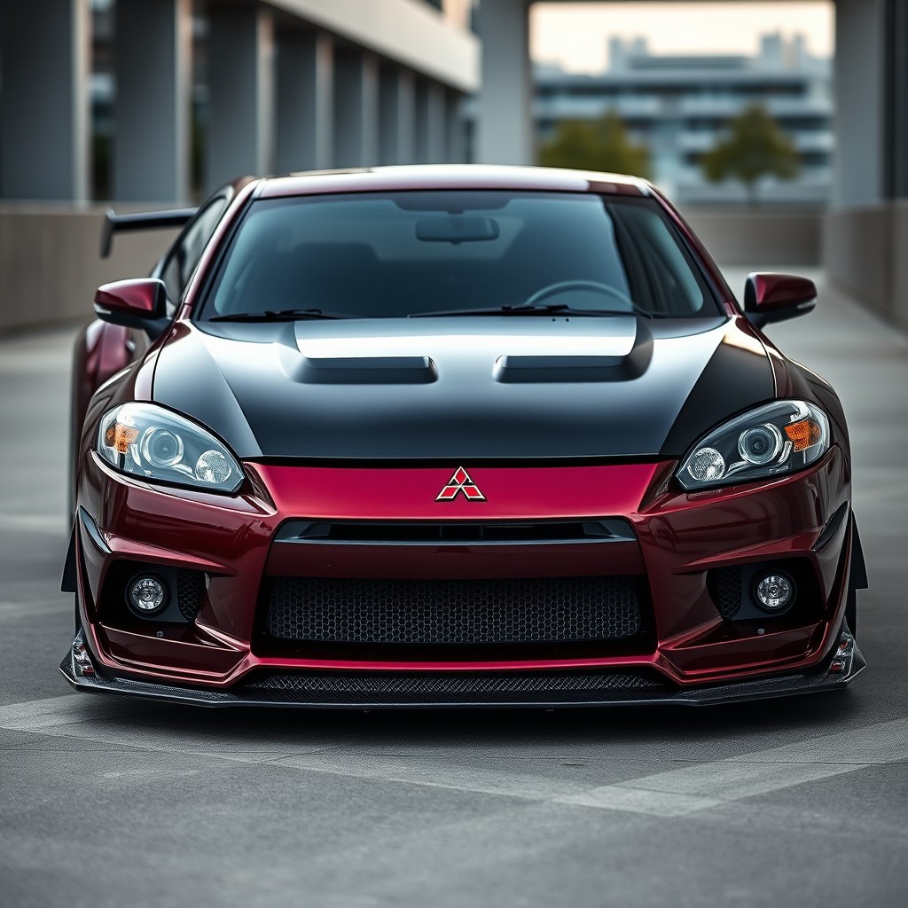A stunning modified Mitsubishi Eclipse in a deep burgundy color featuring a sleek black hood