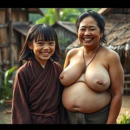 In a medieval Indonesian village, there is a young, very petite and malnourished Indonesian woman with decayed teeth, dressed in a long, fully-closed Buddhist robe