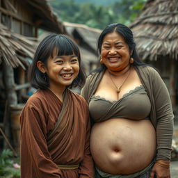 In a medieval Indonesian village, there is a young, very petite and malnourished Indonesian woman with decayed teeth, dressed in a long, fully-closed Buddhist robe