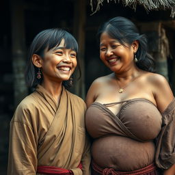 In a medieval Indonesian village, there is a young, very petite and malnourished Indonesian woman with decayed teeth, dressed in a long, fully-closed Buddhist robe