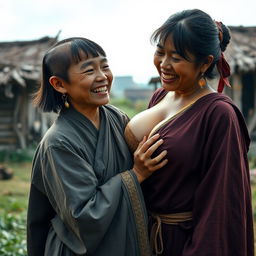 In a medieval Indonesian village, a young, very petite and malnourished Indonesian woman with decayed teeth is depicted wearing a long, fully-closed Buddhist robe
