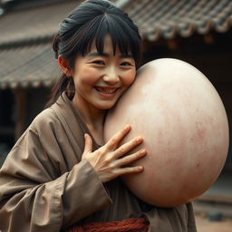 In a medieval Chinese village, a young Chinese woman, very short and emaciated, displays her decayed teeth while wearing a long, fully closed Buddhist cloak