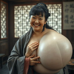 In a medieval Chinese house, a young Indonesian woman, very short and emaciated, is depicted showing her decayed teeth while wearing a long, fully closed Buddhist cloak