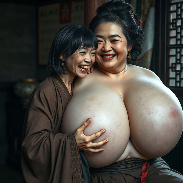 In a medieval Chinese house, a young Indonesian woman, very short and emaciated, is depicted showing her decayed teeth while wearing a long, fully closed Buddhist cloak