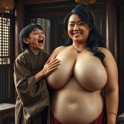 In a medieval Chinese house, a short, emaciated young Indonesian woman is shouting loudly while dressed in a long, fully closed Buddhist robe, featuring medium-length bangs