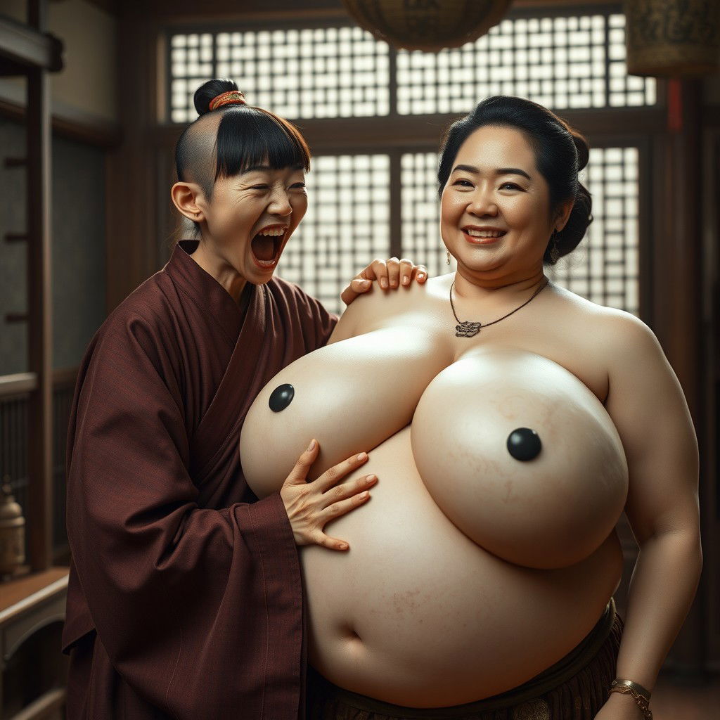 In a medieval Chinese house, a short and emaciated young Indonesian woman is loudly shouting while wearing a long, fully enclosed Buddhist robe, with medium-length bangs