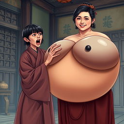 In a medieval Chinese house, a short and emaciated young Indonesian woman is loudly shouting while dressed in a long, fully enclosed Buddhist robe, with medium-length bangs