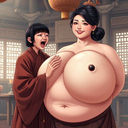 In a medieval Chinese house, a short and emaciated young Indonesian woman is loudly shouting while dressed in a long, fully enclosed Buddhist robe, with medium-length bangs