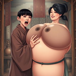 In a medieval Chinese house, a short and emaciated young Indonesian woman is loudly shouting while dressed in a long, fully enclosed Buddhist robe, with medium-length bangs