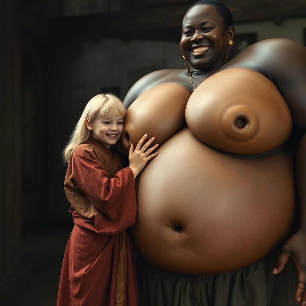 In a medieval room, a very short and undernourished young blonde woman is overjoyed, dressed in a long, fully closed Buddhist robe, her medium blonde hair split in the middle