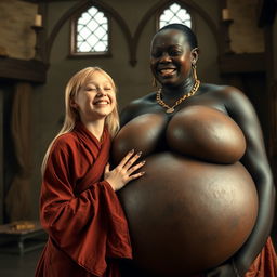 In a medieval room, a very short and undernourished young blonde woman is overjoyed, dressed in a long, fully closed Buddhist robe, her medium blonde hair split in the middle