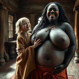 In a medieval room, a very short and undernourished young blonde woman is overjoyed, dressed in a long, fully closed Buddhist robe, her medium blonde hair split in the middle