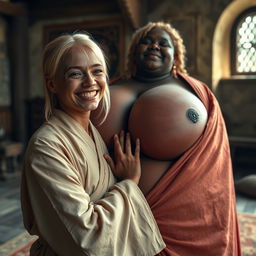 In a medieval room, a very short and undernourished young blonde woman is overjoyed, dressed in a long, fully closed Buddhist robe, her medium blonde hair split in the middle