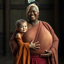 In a medieval room, a very short and undernourished young blonde woman is joyfully dressed in a long, completely closed Buddhist robe, her medium blonde hair parted in the middle
