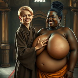 In a medieval room, a very short and undernourished young blonde woman is joyfully dressed in a long, completely closed Buddhist robe, her medium blonde hair parted in the middle