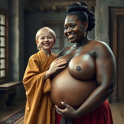 In a medieval room, a very short and undernourished young blonde woman is joyfully dressed in a long, completely closed Buddhist robe, her medium blonde hair parted in the middle
