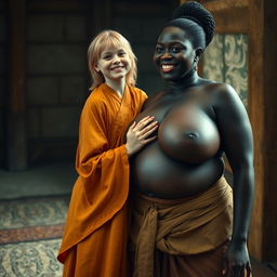 In a medieval room, a very short and undernourished young blonde woman is joyfully dressed in a long, completely closed Buddhist robe, her medium blonde hair parted in the middle