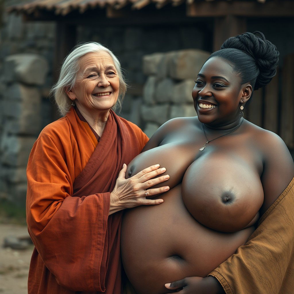 In a medieval village, an elderly short and undernourished blonde woman is joyfully dressed in a long, fully closed Buddhist robe, her medium blonde hair parted in the middle